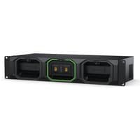 Black Blackmagic Design camera dock with three slots, green LED accents, and compact rectangular design.