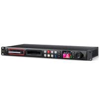 Blackmagic Design Hyperdeck Studio 4K Pro in black metal, featuring a front panel with buttons, a display screen, and a slot for media cards.