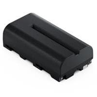 Black lithium-ion battery with a smooth, matte finish, featuring a rectangular shape and a central groove, labeled as Blackmagic Design NP-F570, 3350 mAh capacity.