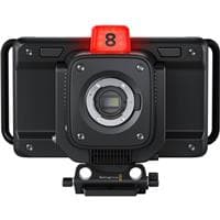 Blackmagic Design Studio Camera 4K Pro G2 features a sleek black body, a large lens mount, and a prominent red recording indicator on top, designed for professional video production.
