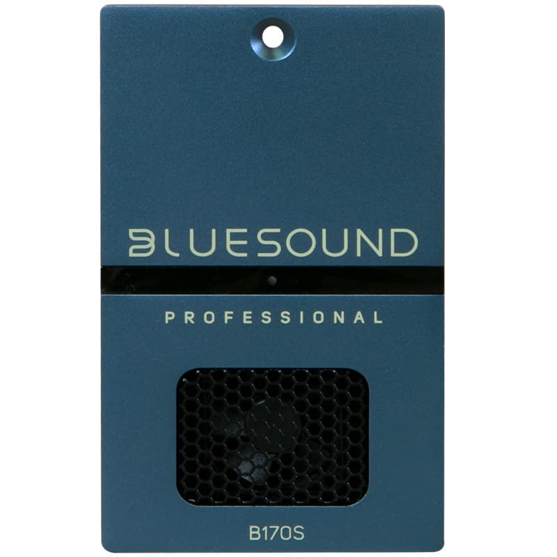 Bluesound Professional B160S network stereo amplifier in a sleek blue metal casing, featuring a mesh speaker grille and prominent branding in white text.
