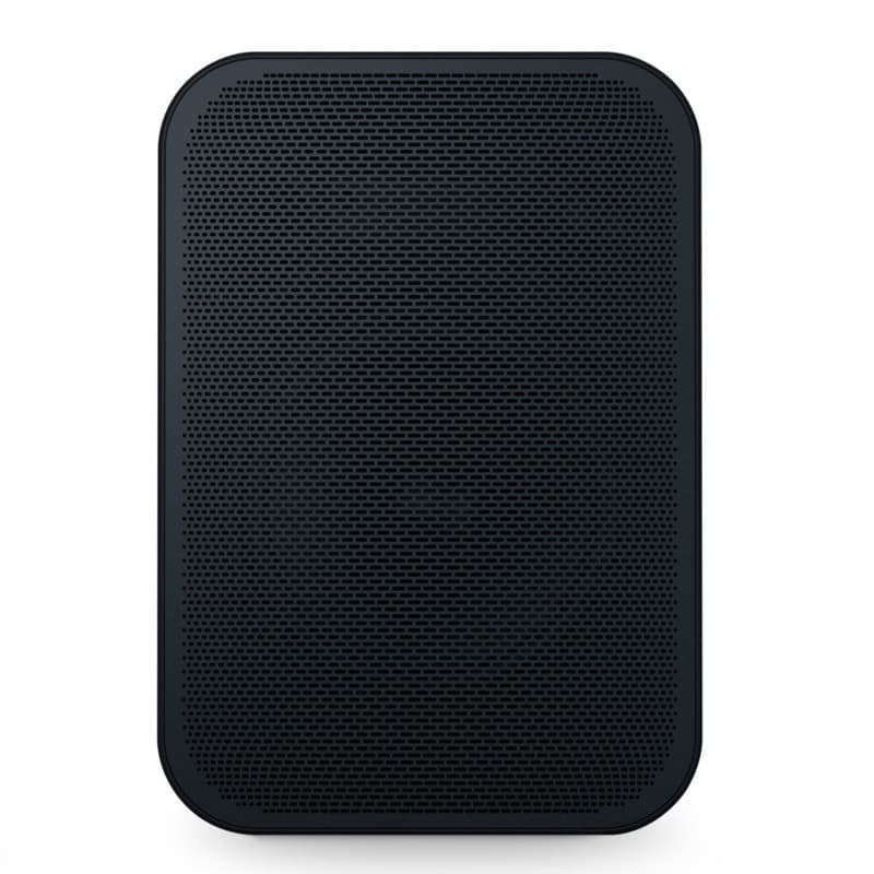 Compact black network streaming speaker with a perforated front grille, designed for PoE connectivity, featuring a sleek, modern rectangular shape.