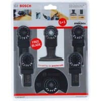 Bosch 6-piece Starlock blade set for wood and metal, black with circular and straight edges in clear packaging.