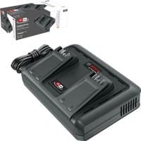 Black Bosch twin 18V cordless Li-ion battery charger with dual slots and power cord, packaged in branded box.