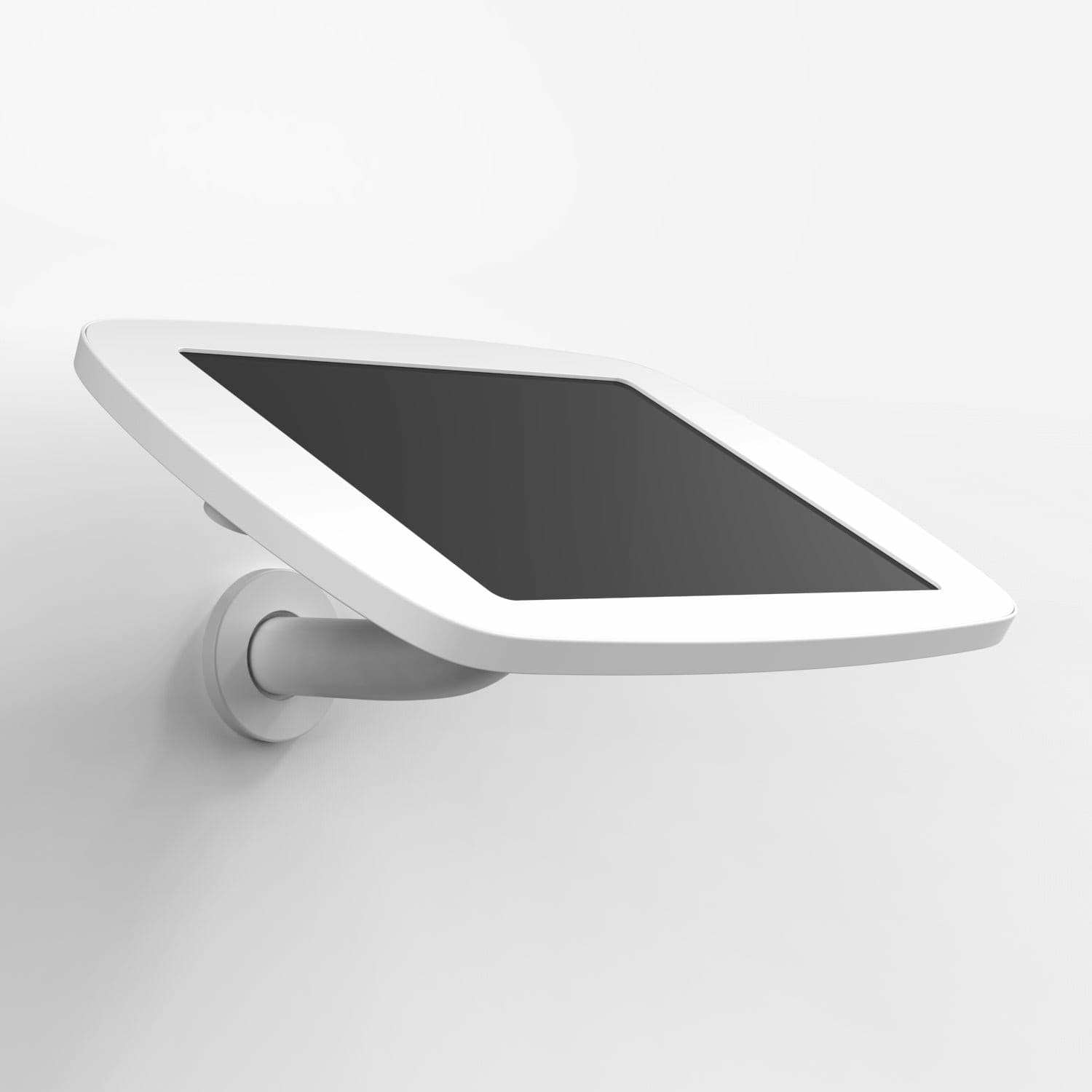 White Bouncepad Branch with a sleek design, featuring a covered front camera and home button, mounted on a sturdy arm for secure tablet display.
