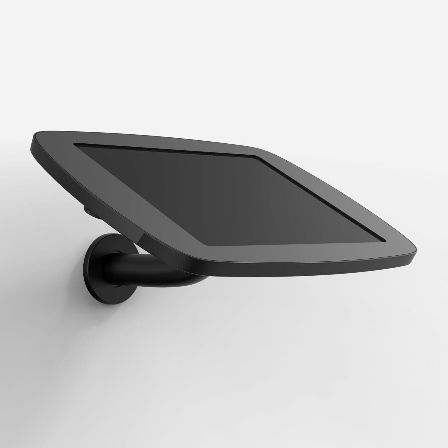 Black Bouncepad Branch mount with an exposed front camera and home button, featuring a sleek, angled design and a sturdy wall attachment for secure tablet display.