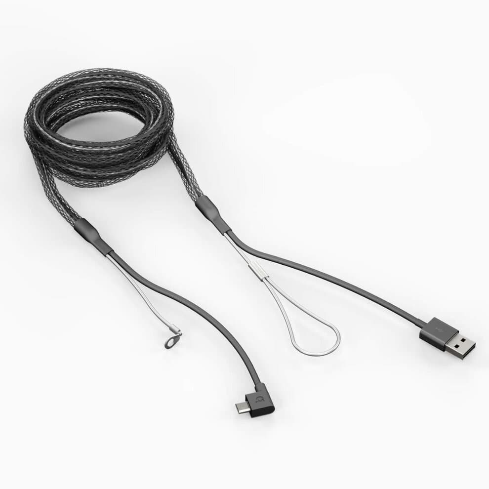 Black 2-meter USB cable featuring a Micro-USB B connector, with a braided design and a loop for easy attachment, ideal for charging and data transfer.