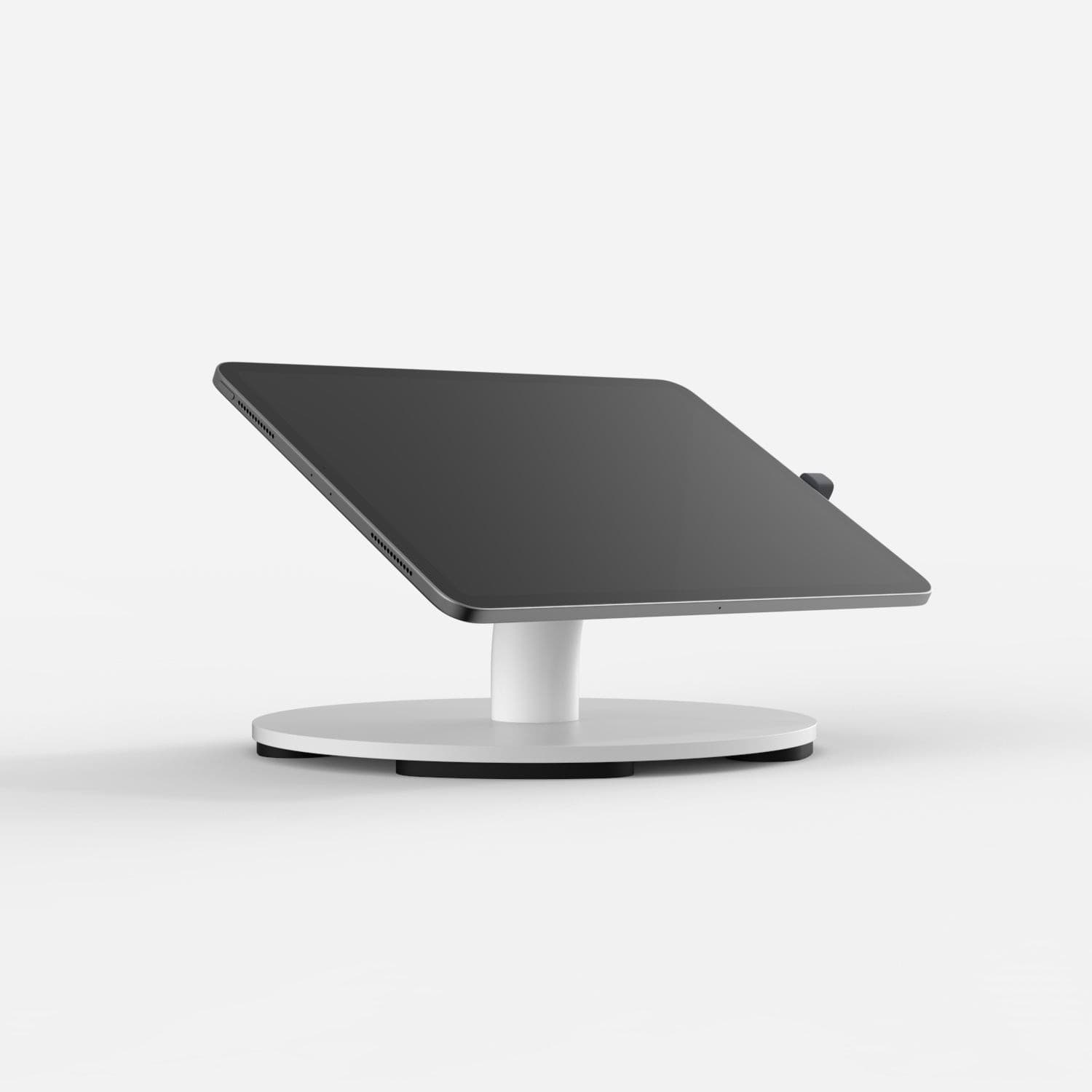 White Bouncepad Core Counter with a sleek design, featuring a sturdy circular base and an adjustable stand for USB-C tablets, showcasing a modern and minimalist aesthetic.