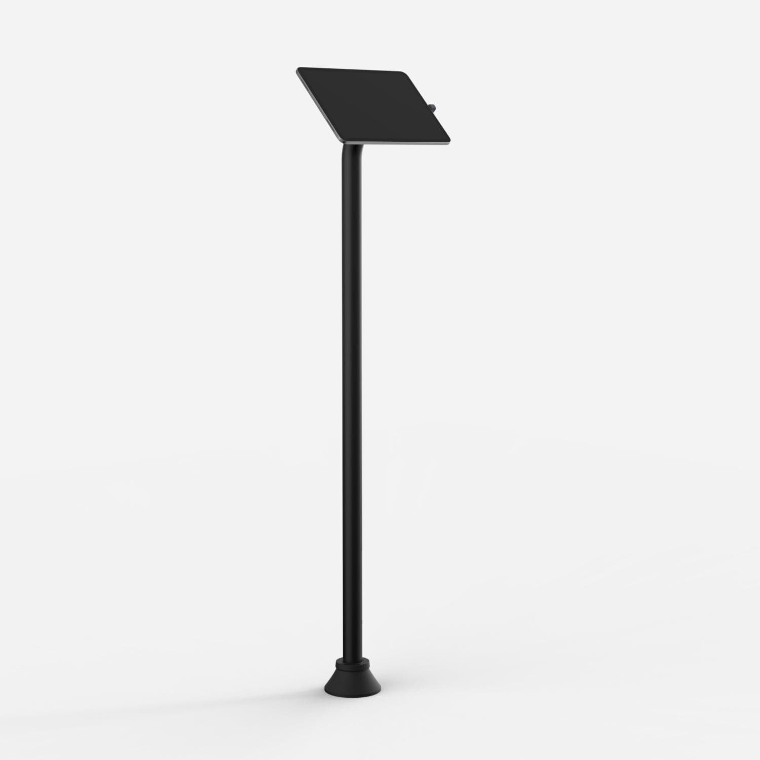 Black floorstanding tablet holder with a slim design, featuring a sturdy pole and a secure mount for USB-C devices, ideal for public spaces or retail environments.