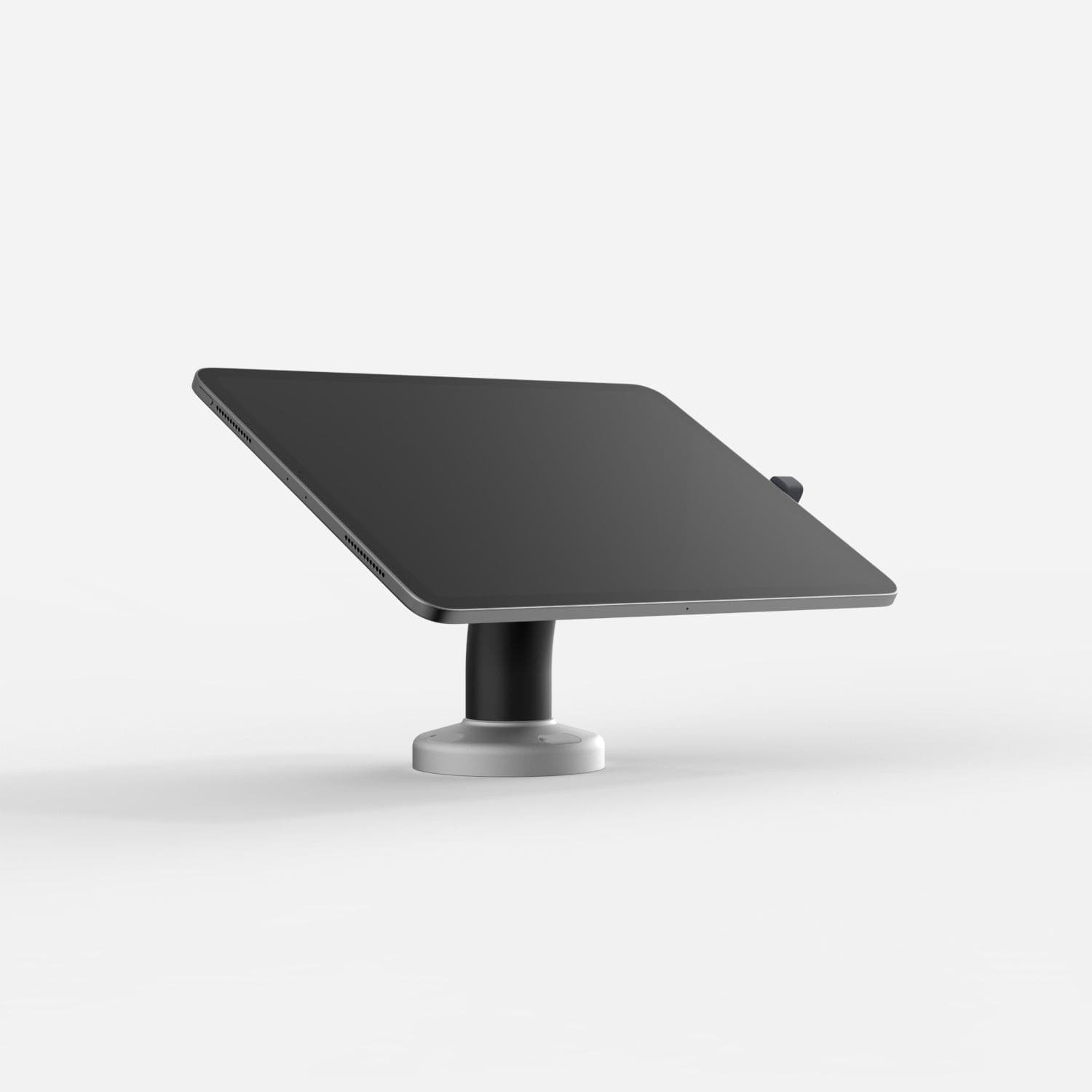 Black Bouncepad Core Swivel Desk with a sleek design, featuring a sturdy base and adjustable arm, compatible with all USB-C tablets for versatile use.