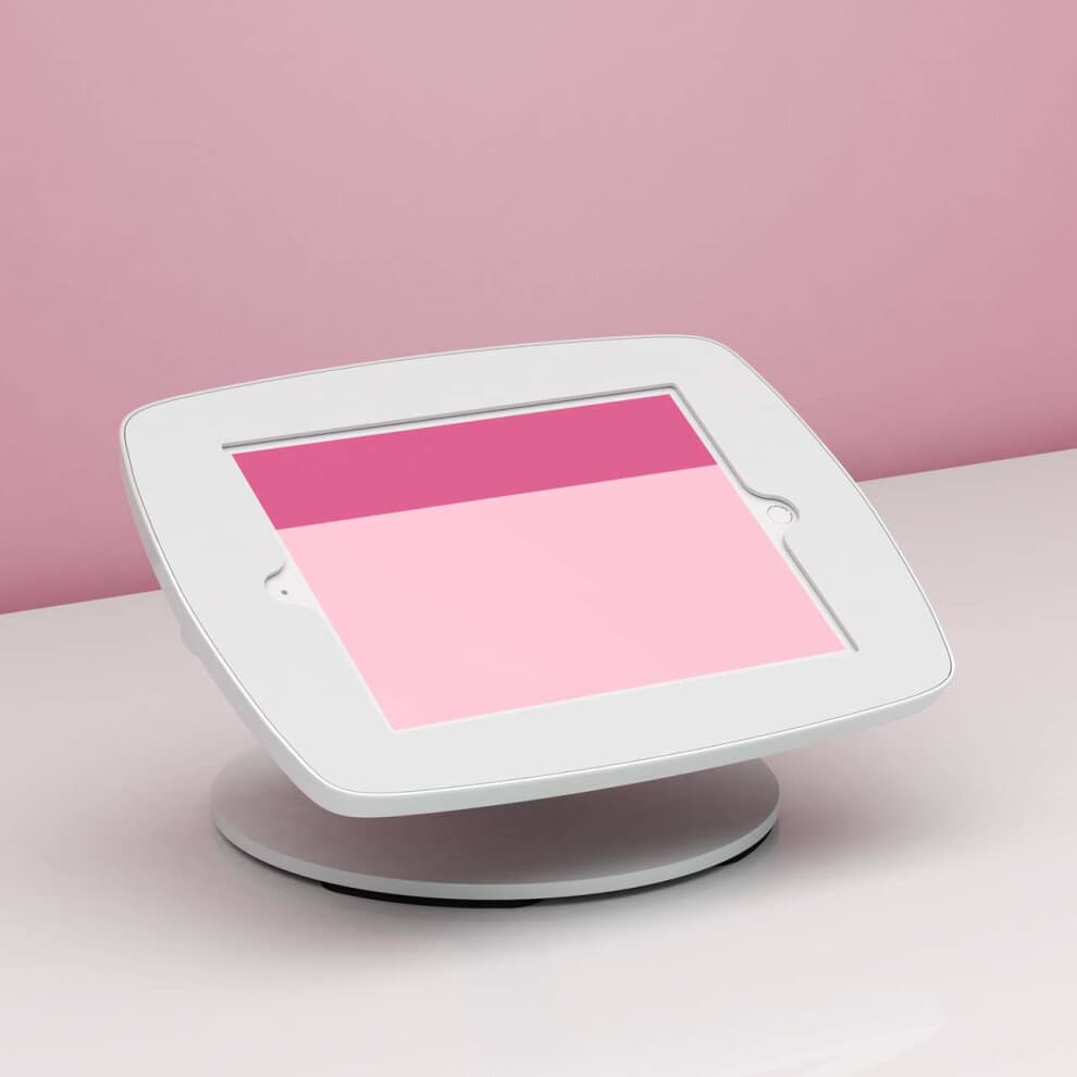 White Bouncepad Counter designed for Apple iPad Air 2nd Gen, featuring a sleek, angled stand and a smooth surface, set against a soft pink background.