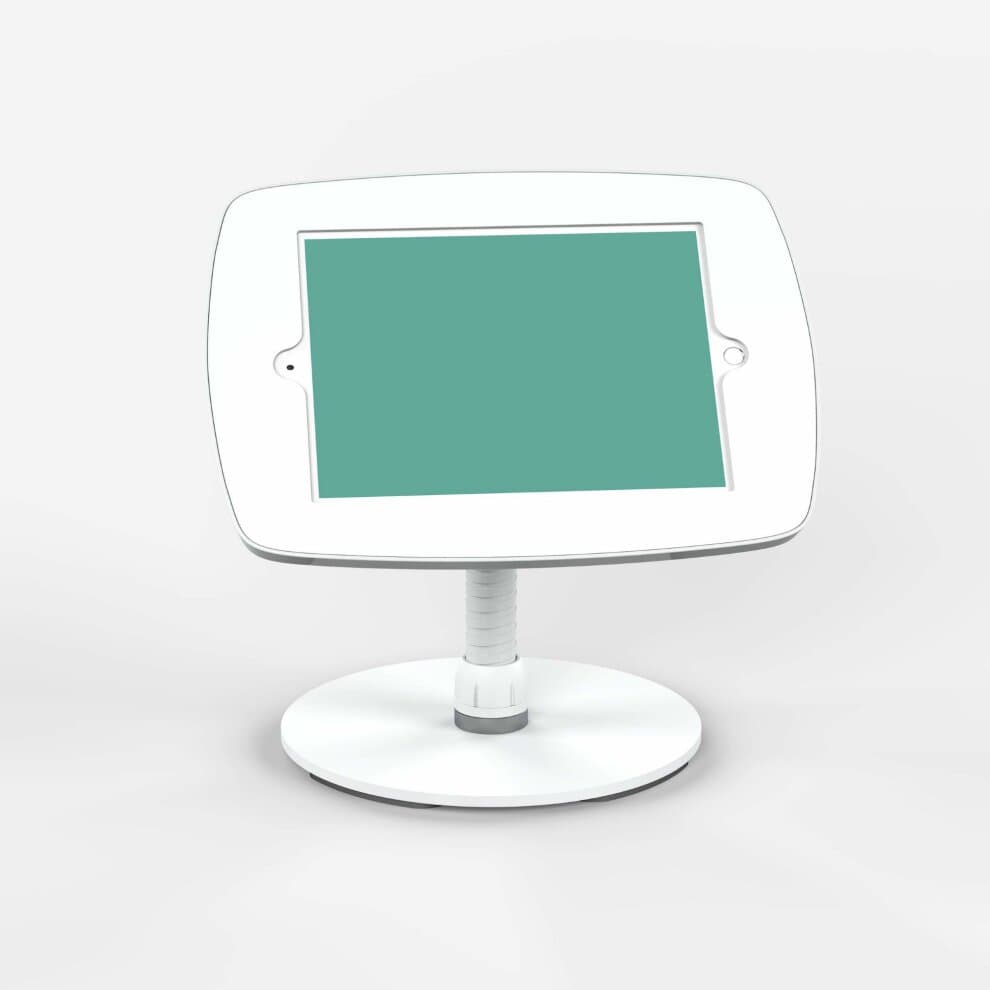 White Bouncepad Counter Flex stand with a Samsung Galaxy Tab S3 9.7 securely mounted, featuring a flexible neck and a sturdy circular base.