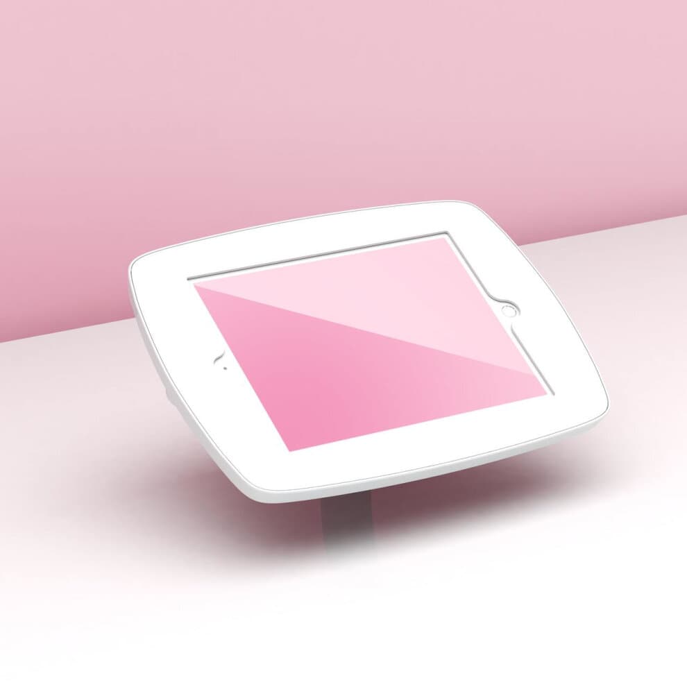 White Bouncepad Desk stand for Apple iPad Air 2nd Gen 9.7, featuring a sleek design with an exposed front, set against a soft pink background.