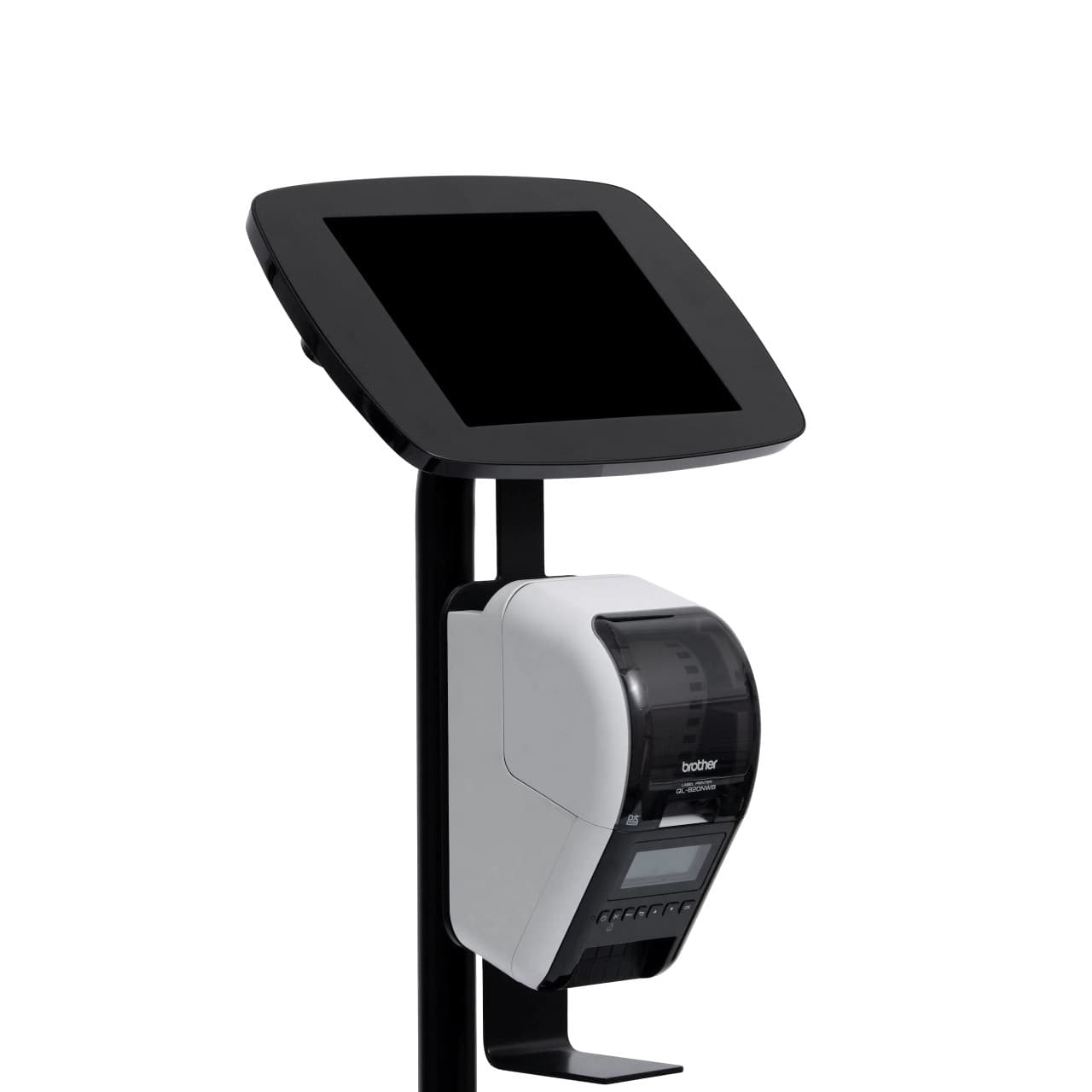 Black tablet security enclosure with a sleek design, featuring a sturdy stand and a built-in printer, ideal for secure tablet use in public spaces.