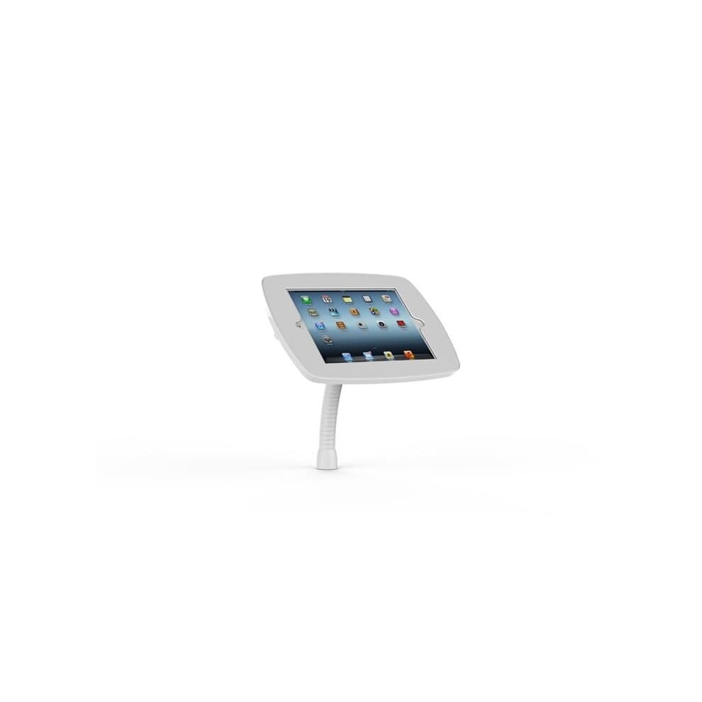 White Bouncepad Flex stand for Apple iPad Air 2nd Gen 9.7, featuring a flexible neck for adjustable viewing angles and a secure, covered design for durability.