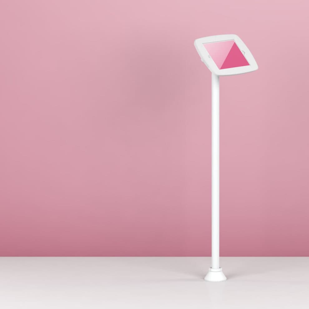 White floorstanding tablet holder designed for Apple iPad 5th Gen 9.7 (2017), featuring a sleek slim profile and a sturdy base, set against a pink background.