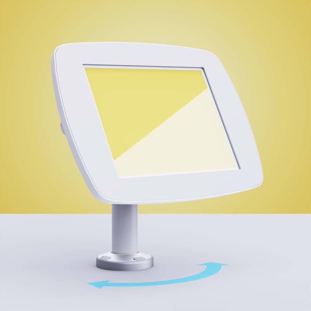 White Bouncepad Swivel 60 stand for Apple iPad Mini 4/5, featuring a sleek design with a rotating display and a sturdy silver base, set against a soft yellow background.