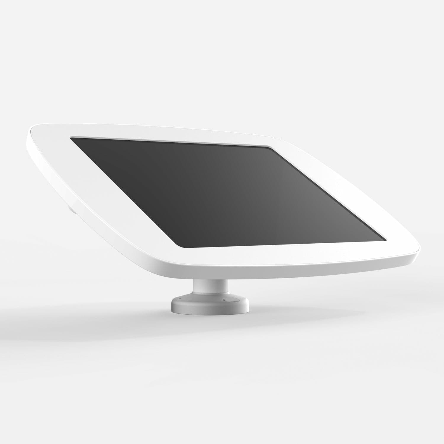 White Bouncepad Swivel Desk with a sleek design, featuring a covered front camera and home button, angled for optimal viewing and interaction.