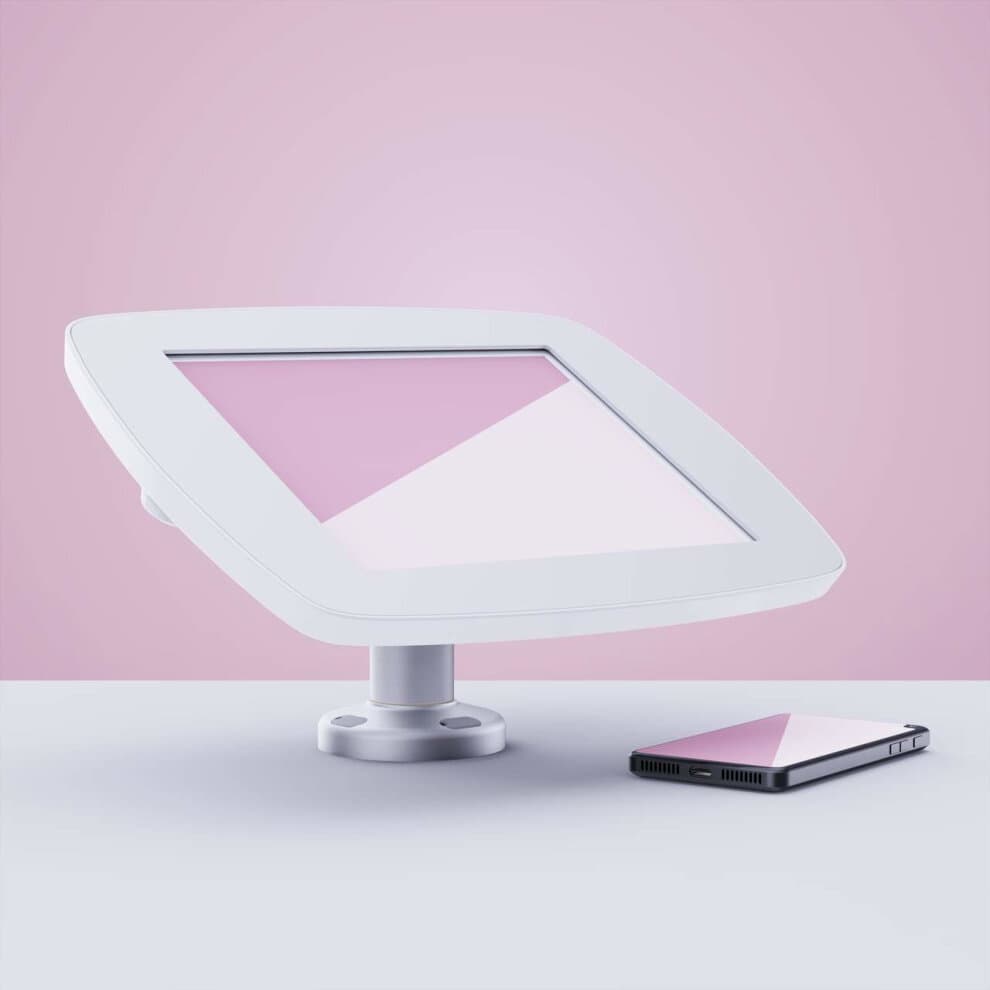 White Bouncepad Swivel Desk for Samsung Galaxy Tab A6 10.1 (2016) featuring a sleek, angled design with a sturdy base, accompanied by a tablet positioned beside it.