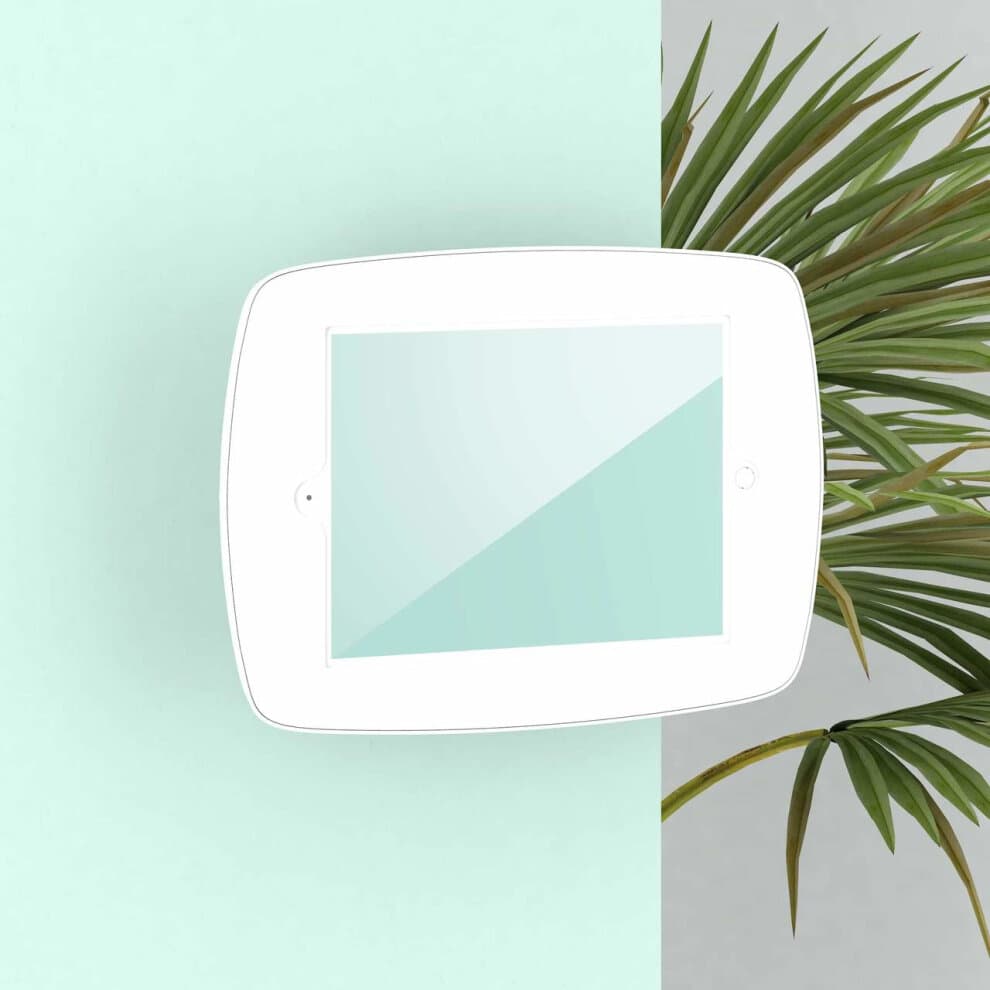 White Bouncepad VESA mount for Apple iPad Pro 12.9 (2015-2017) features a sleek design with a smooth surface, securely holding the tablet at an angle against a pastel background.