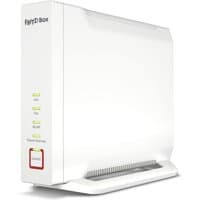 White FRITZ!Box 4060 router with vertical design, LED indicators, and red-accented power button on the front panel.