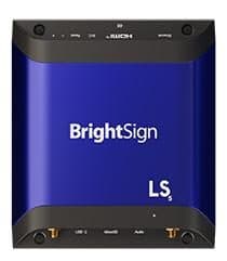 BrightSign LS445 media player in a sleek blue and black design, featuring USB, HDMI, and audio ports, capable of H.265, Full HD, and 4K video playback with HTML5 support.