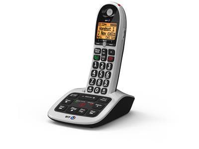 White and black DECT telephone with a large keypad, illuminated display showing call information, and a base station designed for blocking nuisance calls.