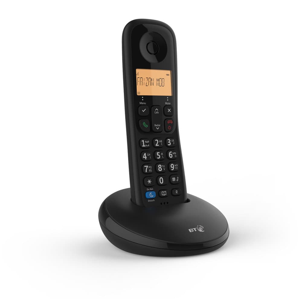 Black DECT telephone with a sleek design, featuring a numeric keypad, illuminated display, and a curved charging base, branded with the BT logo.
