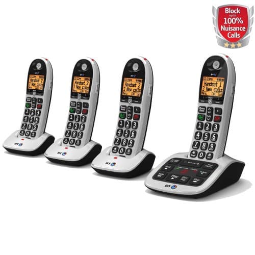 Black and silver DECT telephone set featuring four handsets, large numeric keypads, caller ID display, and a base station with buttons for blocking nuisance calls.
