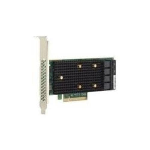 Broadcom 9400-8I internal SAS/SATA interface card featuring a green circuit board, black heatsink, multiple connectors, and a metal bracket for installation.