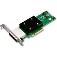 Broadcom HBA 9500-16e SAS adapter card with green circuit board and black heatsink.
