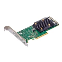 Broadcom HBA 9500-16i internal interface card featuring a green circuit board, black heatsink, multiple SAS/SATA ports, and a low-profile bracket design.