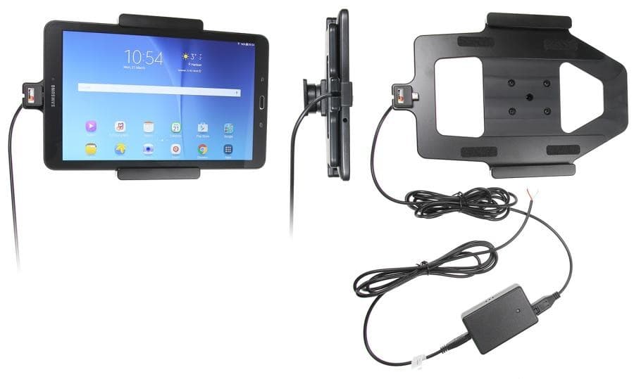 Black active holder for tablets/UMPCs with a sleek design, featuring a secure grip, charging cable, and a sturdy mounting bracket for easy installation.
