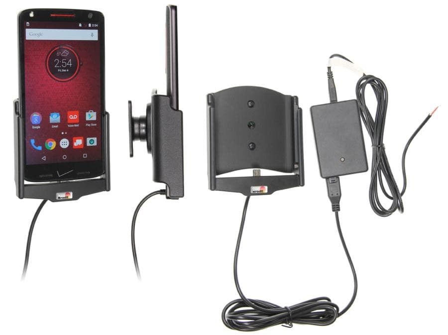Black active holder for smartphones, featuring a sturdy design, integrated antenna, and a power connection, suitable for secure mobile device mounting.
