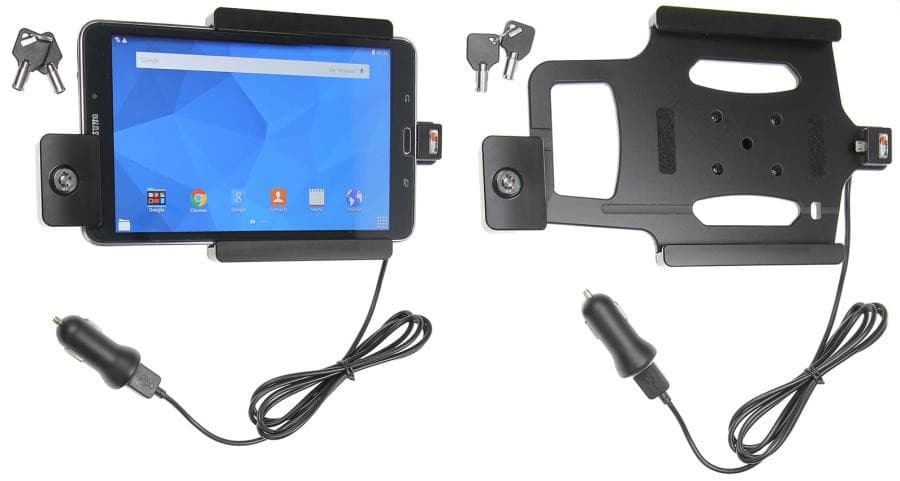 Black active holder for tablets/UMPCs featuring a secure mount, charging cable, and two keys for locking, designed for stability and convenience.