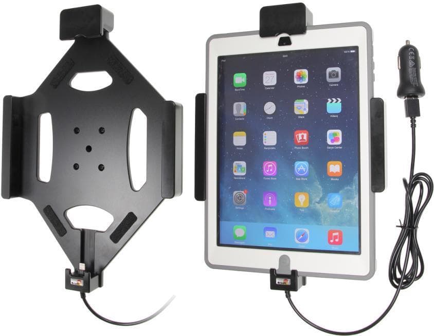 Black active holder for tablets/UMPCs featuring a sturdy plastic design, adjustable grips, and a charging connector, with a tablet displayed in the holder.
