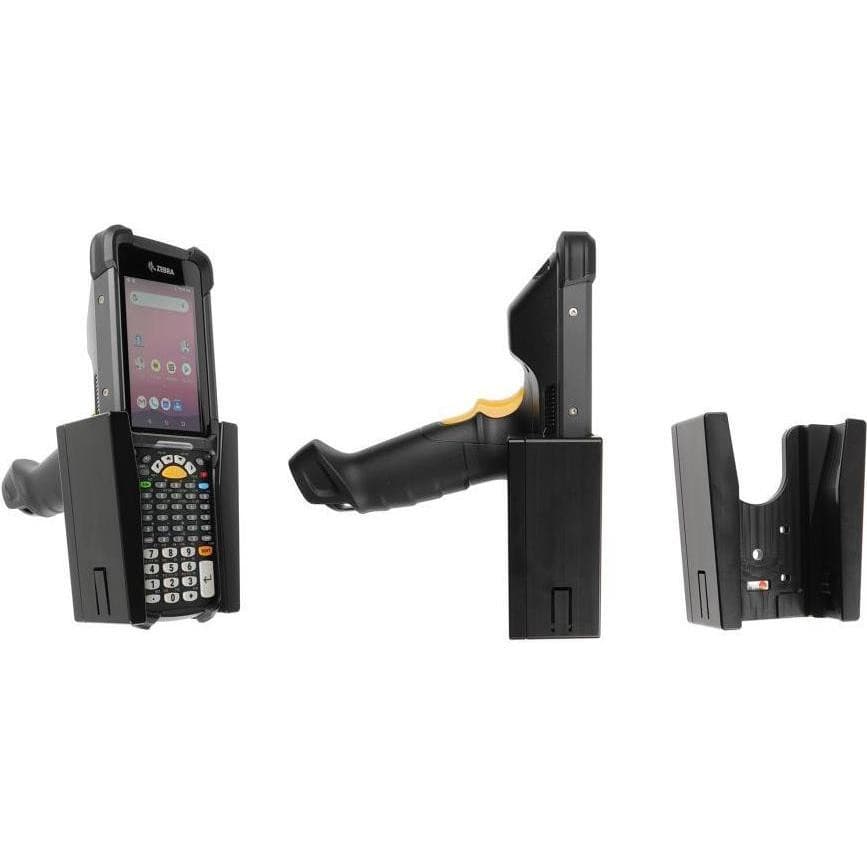 Black passive holder for mobile computers, featuring a durable plastic design with a secure grip and open slots for easy access to device buttons and ports.
