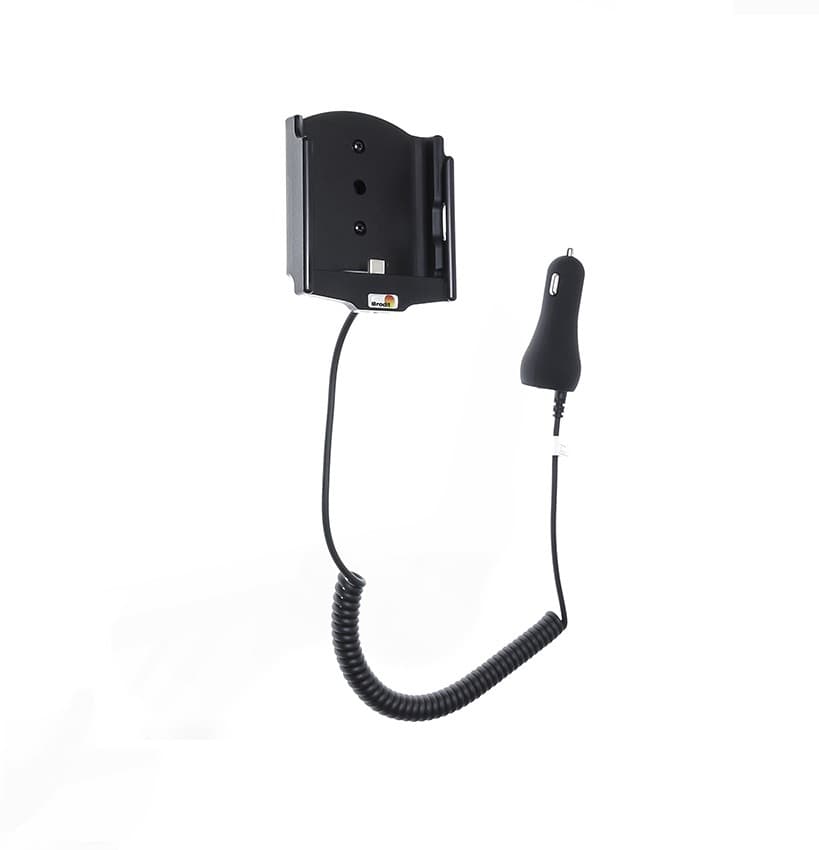 Black active holder for mobile phones with a coiled power cord and car charger, designed for secure device mounting.