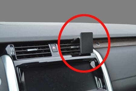 Black passive holder for mobile phones, designed to attach to car air vents, featuring a sleek, minimalist design with a sturdy grip for secure phone placement.