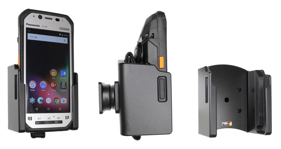 Brodit Passive Holder for Panasonic FZ-N1, featuring a black plastic design, tilt swivel capability, and a secure fit for the device, ensuring easy access and stability.