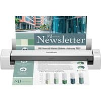 Black and white Brother DS-740D sheet-fed scanner with A4 document, compact design, 600 x 600 DPI resolution.