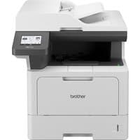 Brother MFC-L5710DW laser printer, white and gray, with touchscreen and paper tray, Wi-Fi enabled.