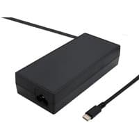 Black BTI 100W USB-C charger with rectangular body and attached UK power cable.
