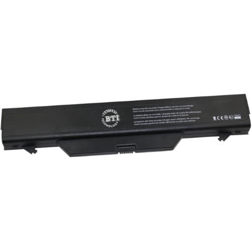 Black battery designed for HP Probook 4720S, featuring labels and logos, with a slim rectangular shape and connector at one end for easy installation.