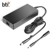 Black BTI 180W AC adapter for Dell, UK version with 7.4mm and 4.5mm connectors, rectangular design with coiled cable.