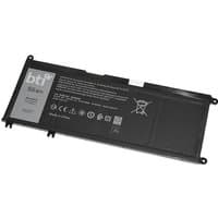 Black BTI 4-cell 56Wh laptop battery with label for Dell Latitude, featuring safety icons and warranty details.