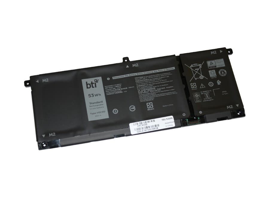 Black lithium-ion battery with a capacity of 53Wh, featuring labels and icons for compatibility with DELL INSPIRON 7506, and multiple connection points marked M2.