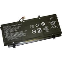 Black BTI 3-cell battery for HP laptops, rectangular shape, labeled with specifications and safety icons.