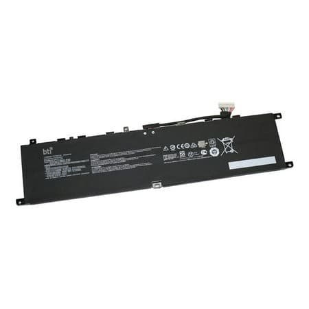 Black lithium-ion battery with a 65Wh capacity, featuring four cells, labeled with technical specifications and compatibility for MSI VECTOR GP76 12UH-60, with a connector on one end.