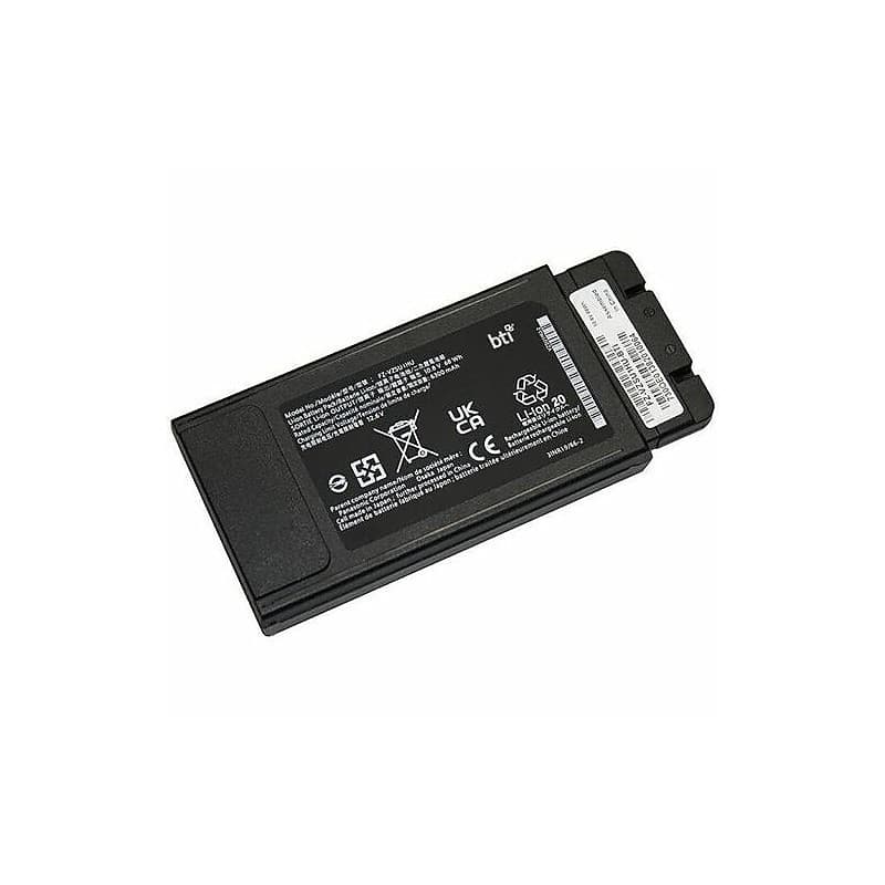 Black 68Wh 6-cell battery for Panasonic Toughbook, featuring a sleek design with labels and safety symbols, and a connector on one end for easy installation.